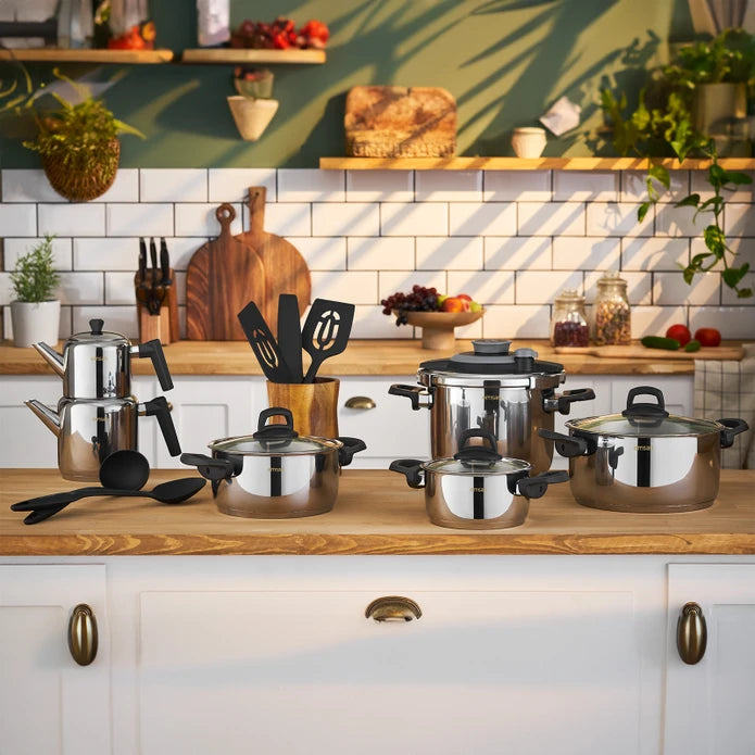 طقم إمسن ويدينغ 16 قطعة طناجر وأبريق شاي من الستانليس ستيل