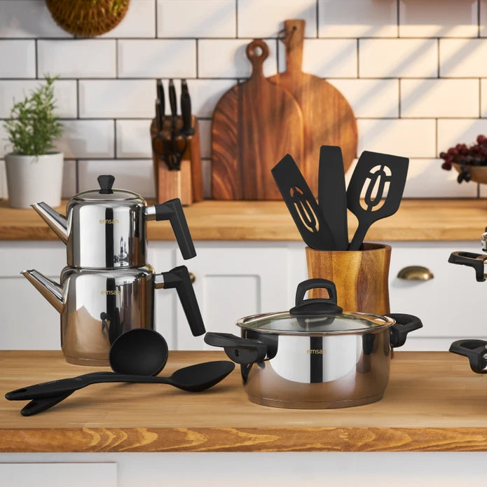 طقم إمسن ويدينغ 16 قطعة طناجر وأبريق شاي من الستانليس ستيل