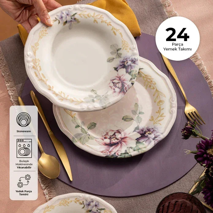 Emsan Flory Stoneware 24 Piece Dinner Set for 6 People - Emsan Jordan
