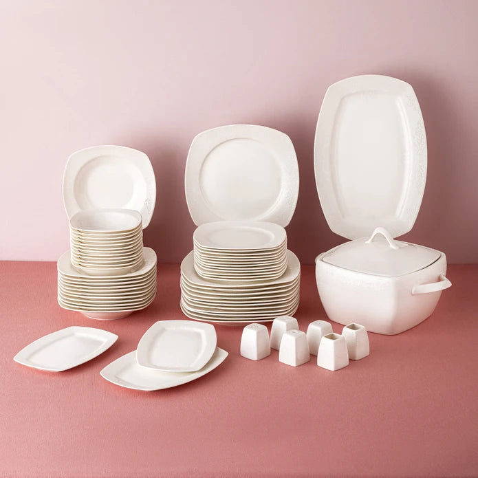 Emsan Bone New Begonia 12 Person Dinner Set 60 Pieces Half Square