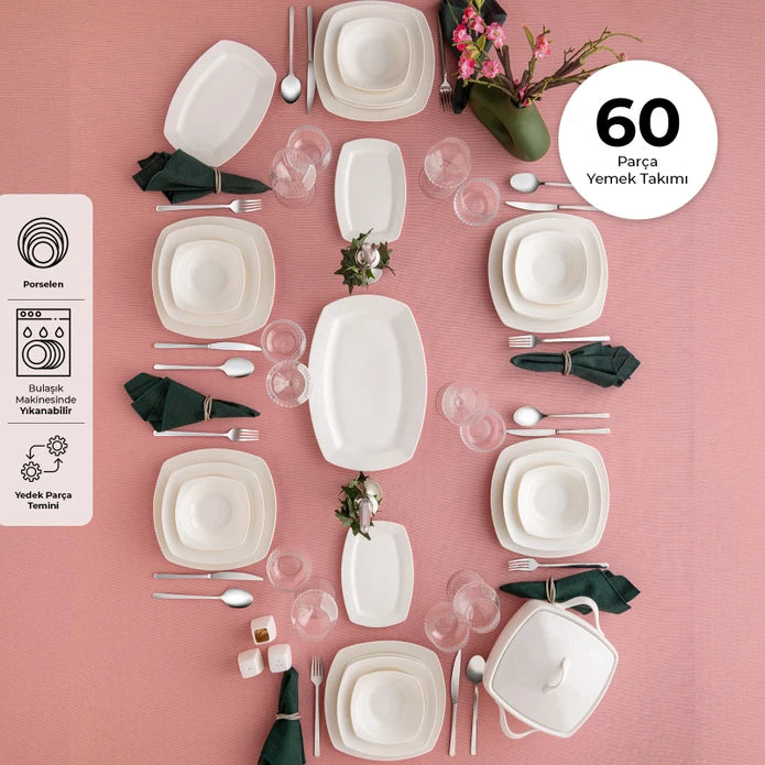 Emsan Bone New Begonia 12 Person Dinner Set 60 Pieces Half Square