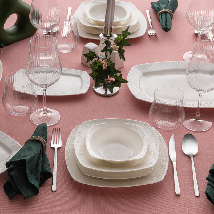 Emsan Bone New Begonia 12 Person Dinner Set 60 Pieces Half Square