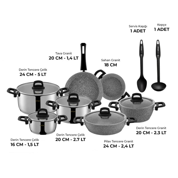 Emsan Experto 14-Piece Nonstick Granite & Stainless Steel Cookware Set