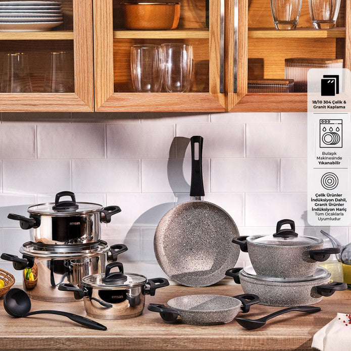 Emsan Experto 14-Piece Nonstick Granite & Stainless Steel Cookware Set
