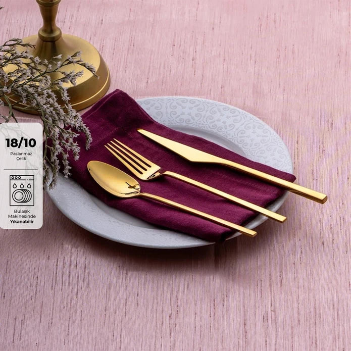 Emsan Alba 18-Piece Glossy Gold Dessert Boxed Fork Spoon Knife Set