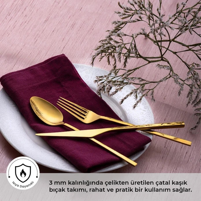 Emsan Alba 18-Piece Glossy Gold Dessert Boxed Fork Spoon Knife Set