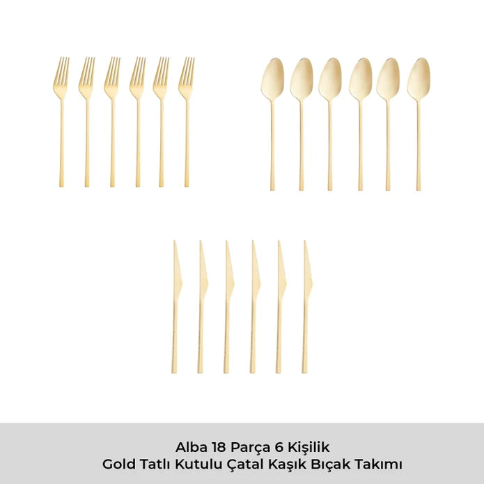Emsan Alba 18-Piece Glossy Gold Dessert Boxed Fork Spoon Knife Set