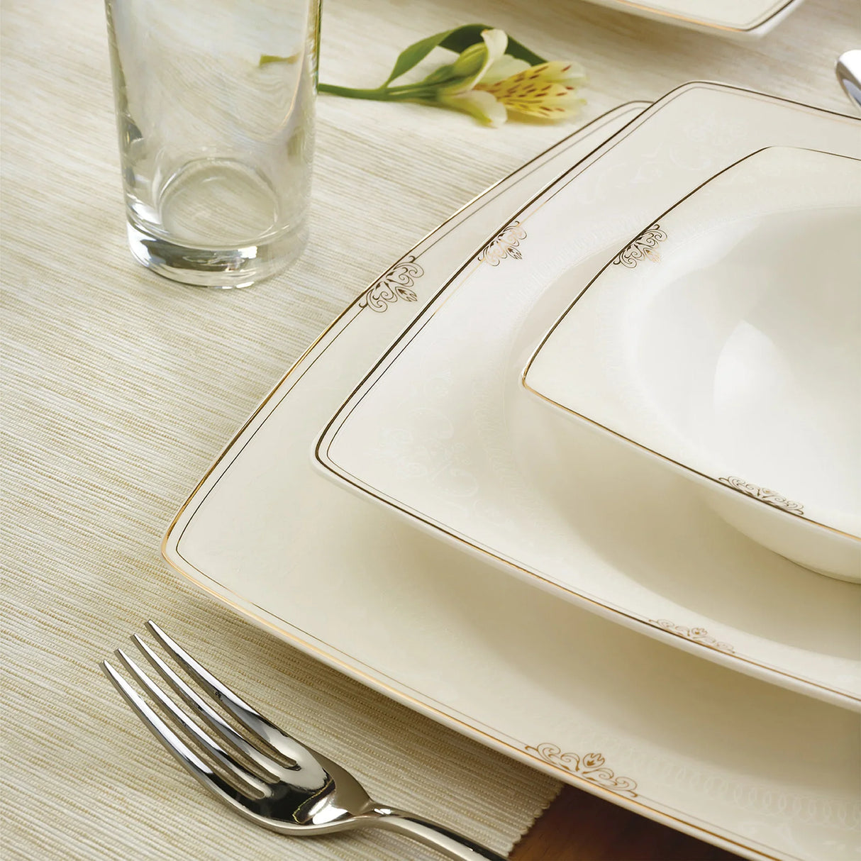 Emsan Fine Bone Estiva Gold 61-Piece 12-Person Square Dinner Set - Emsan Jordan