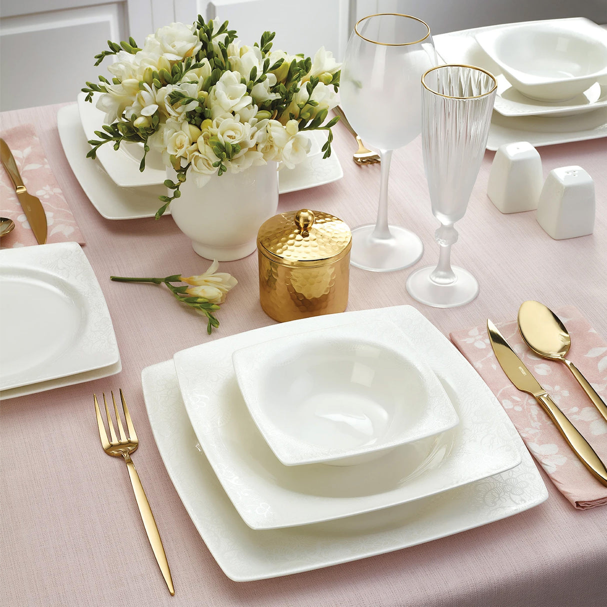 Emsan Fine Bone Meyra 61-Piece 12-Person Square Dinner Set