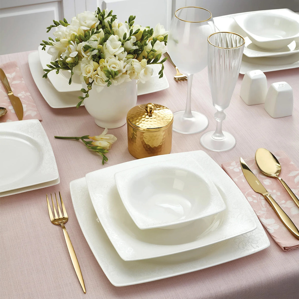 Emsan Fine Bone Meyra 61-Piece 12-Person Square Dinner Set - Emsan Jordan