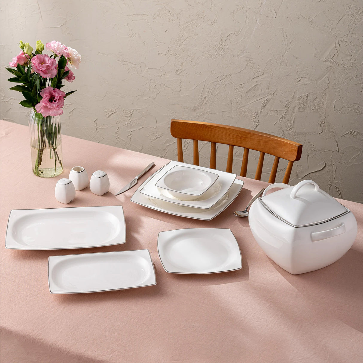 Emsan Yeni Karmen 60-Piece 12-Person Square Dinner Set – Platinum