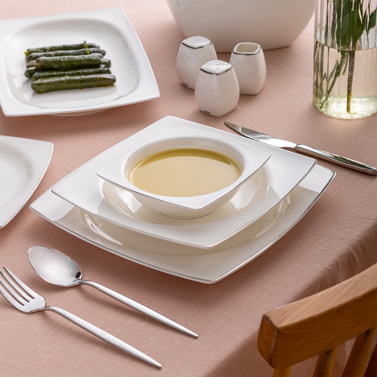 Emsan Yeni Karmen 60-Piece 12-Person Square Dinner Set – Platinum