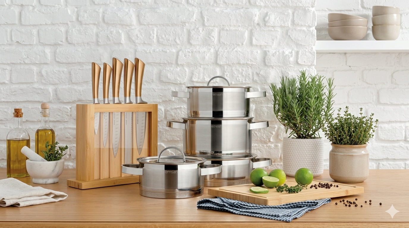 Emsan knife set and stainless steel cookware in a modern kitchen - Emsan Jordan