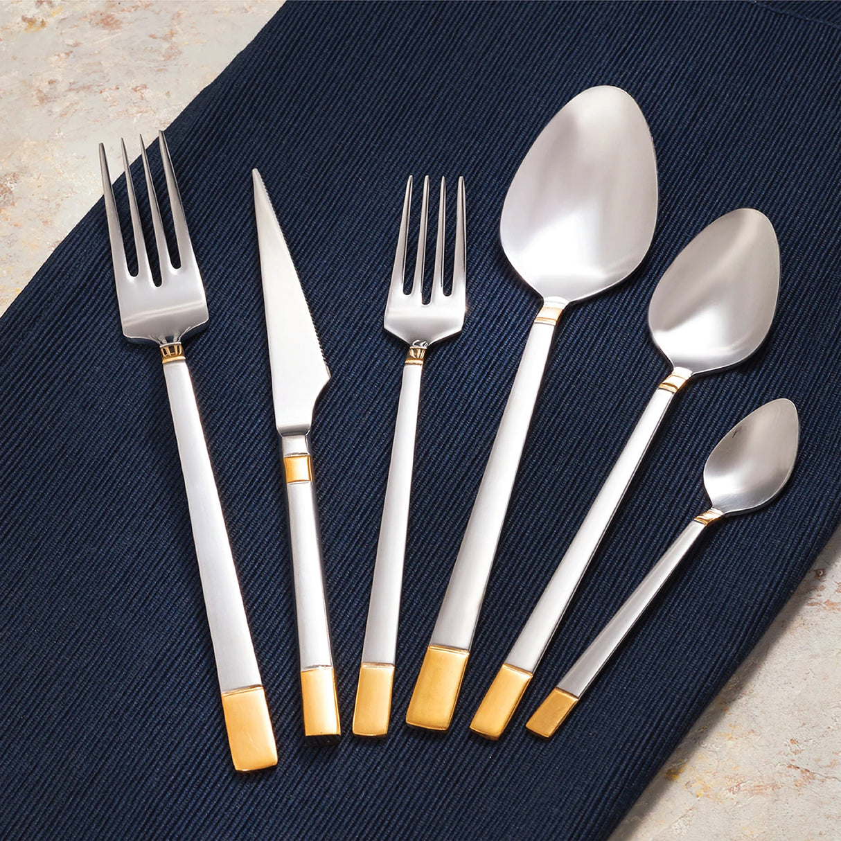 Emsan Elegance Duru Gold 84-Piece Cutlery Set for 12 People with Luxury Box, including forks, spoons, and knives