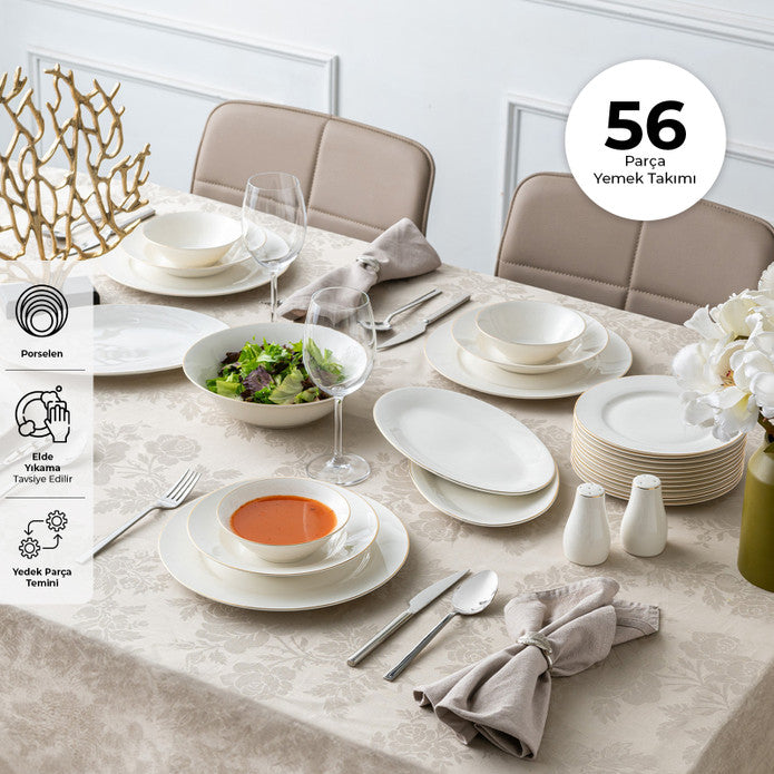 Emsan New Bone Frezya 56-Piece 12-Person Round Dinner Set Gold