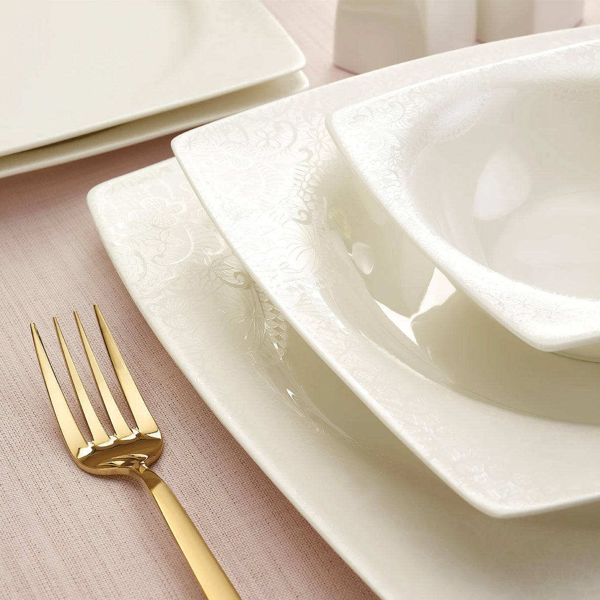 Emsan Fine Bone Meyra 61-Piece 12-Person Square Dinner Set