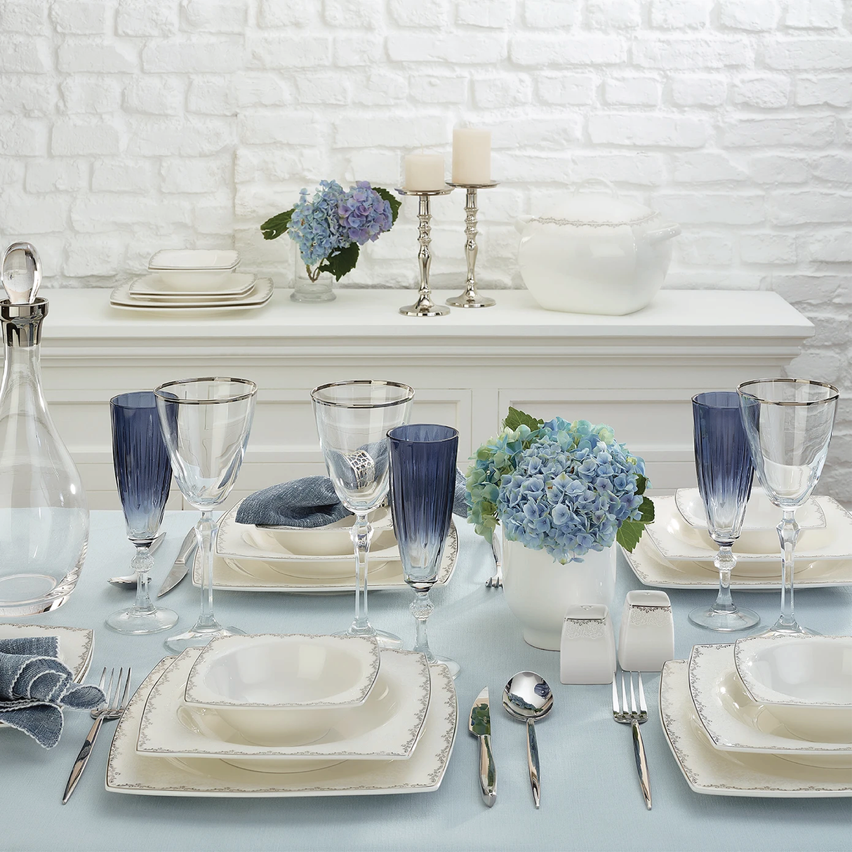 Emsan Fine Bone Yeni Lotus 61-Piece 12-Person Square Dinner Set