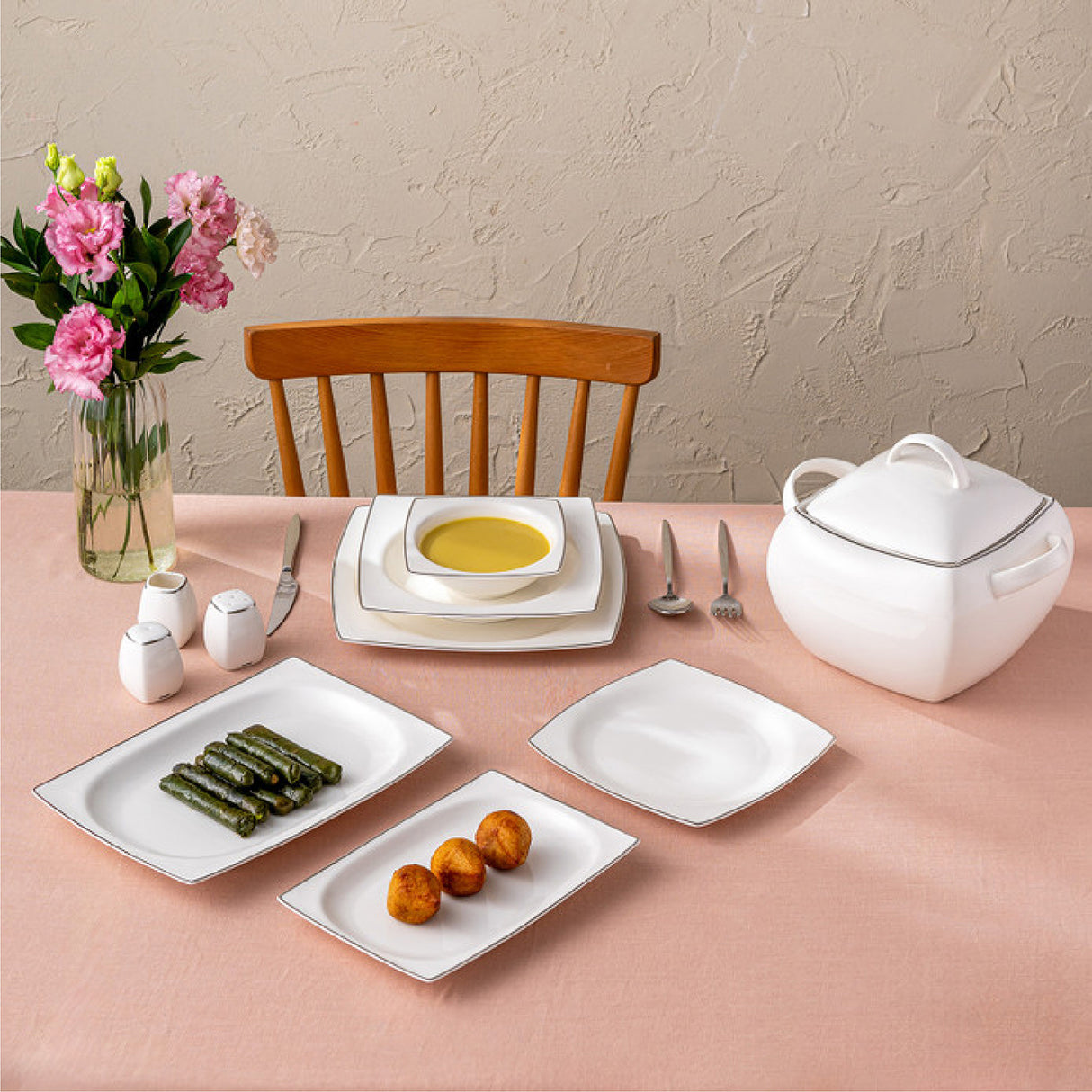Emsan Yeni Karmen 60-Piece 12-Person Square Dinner Set – Platinum