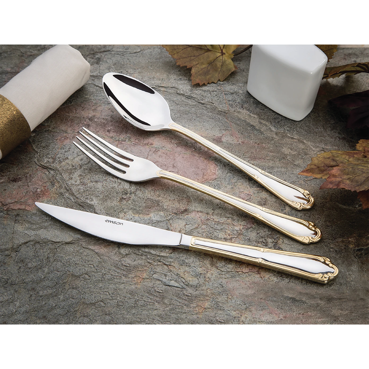 Emsan Elegance Göksu Gold 84-Piece Cutlery Set for 12 People with Luxury Box
(includes forks, spoons, and knives)